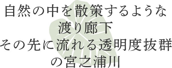 自然の中を散策するような渡り廊下。その先に流れる透明度抜群の宮之浦川