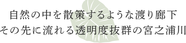 自然の中を散策するような渡り廊下。その先に流れる透明度抜群の宮之浦川